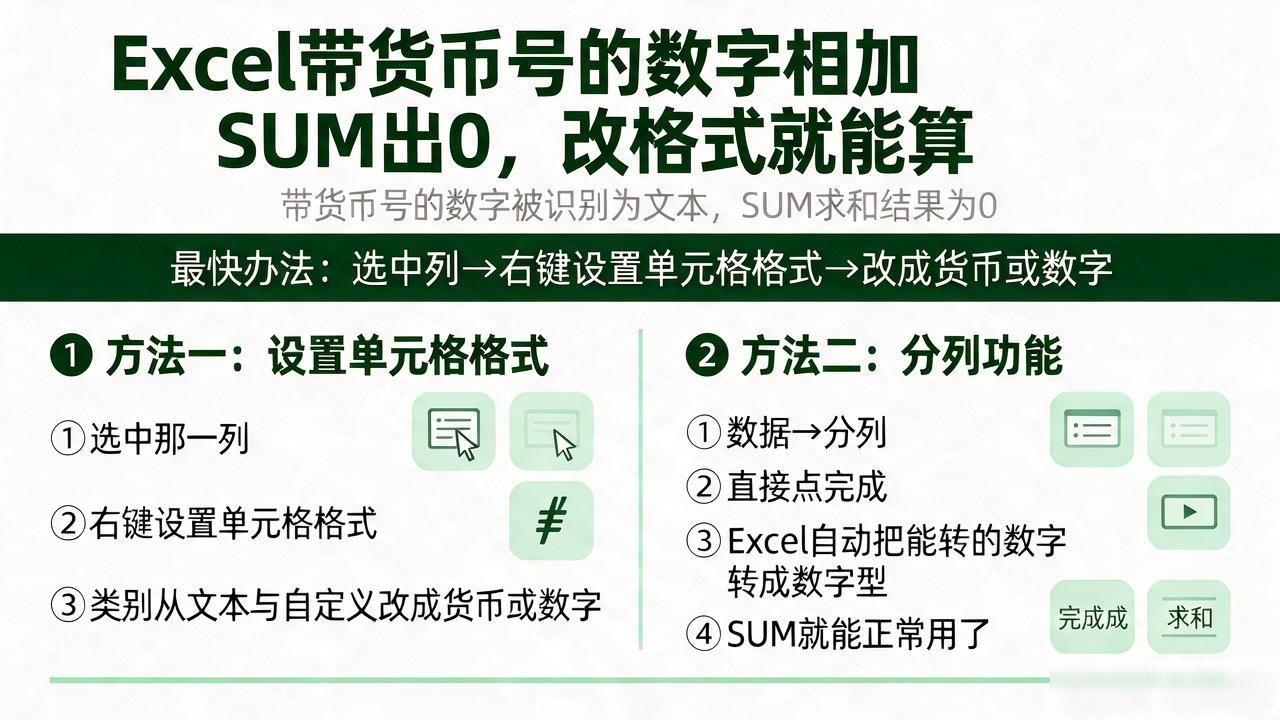 Excel带货币号的数字相加SUM出0，改格式就能算