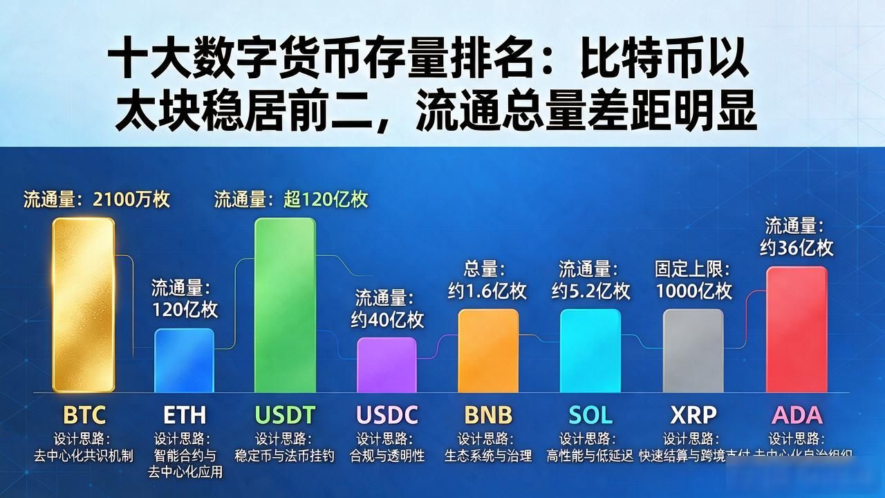 十大数字货币存量排名:比特币以太坊稳居前二,流通总量差距明显